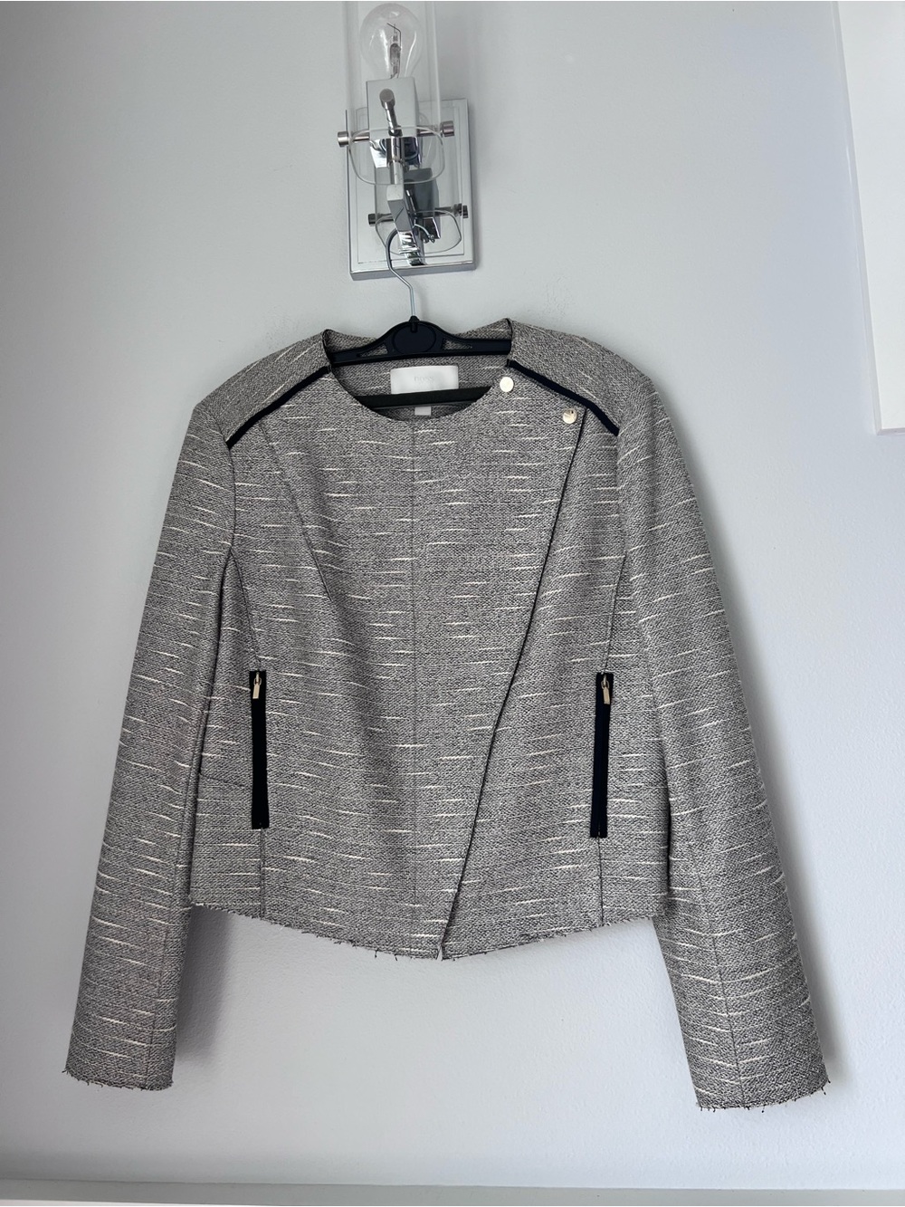 Hugo Boss Gray Tweed Zip-Front Collarless Blazer